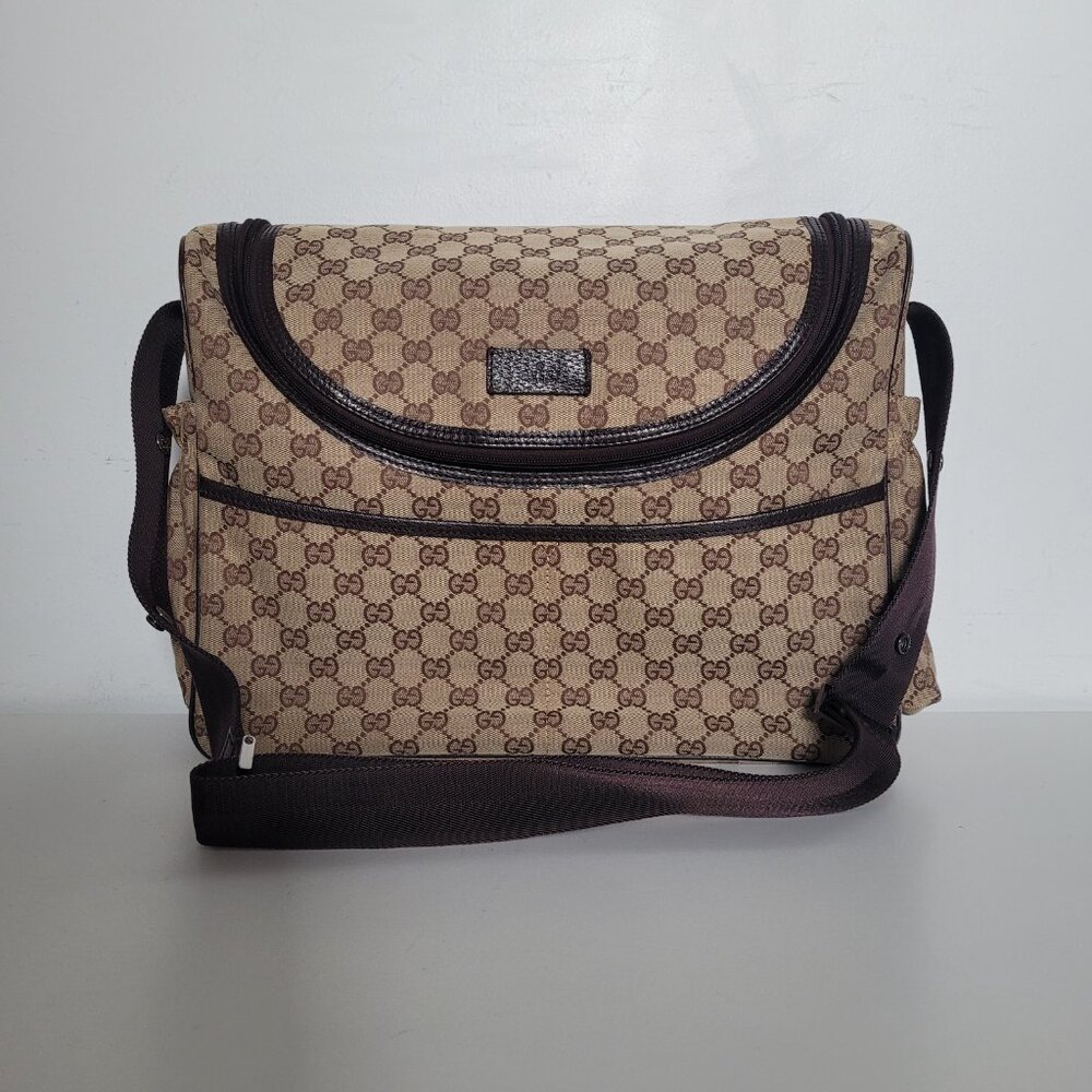 Authentic Gucci GG Monogram Diaper Bag Canvas Beige & Brown - FLAWS